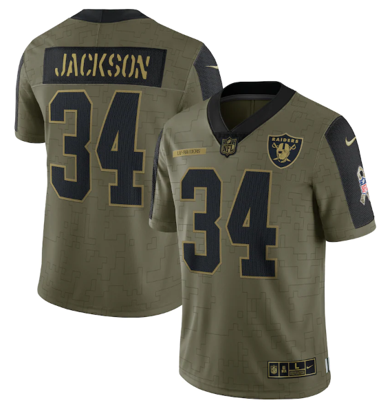 Men's Las Vegas Raiders #34 Bo Jackson 2021 Olive Salute To Service Limited Stitched Jersey Men's Las Vegas Raiders #34 Bo Jackson 2021 Olive Salute To Service Limited Stitched Jersey
